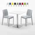 Biały kwadratowy stolik 60x60 cm z 2 kolorowymi krzesłami Ice Hazelnut Promocja
