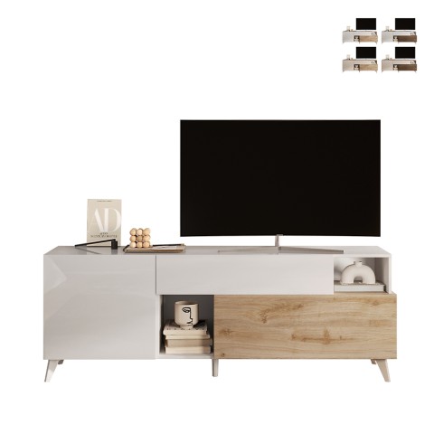 Nowoczesna biała szafka RTV z drewna, 2 drzwi, szuflada, 181x42x67 cm Edwin Promocja