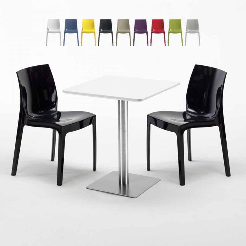 Biały kwadratowy stolik 60x60 cm z 2 kolorowymi krzesłami Ice Hazelnut Rabaty