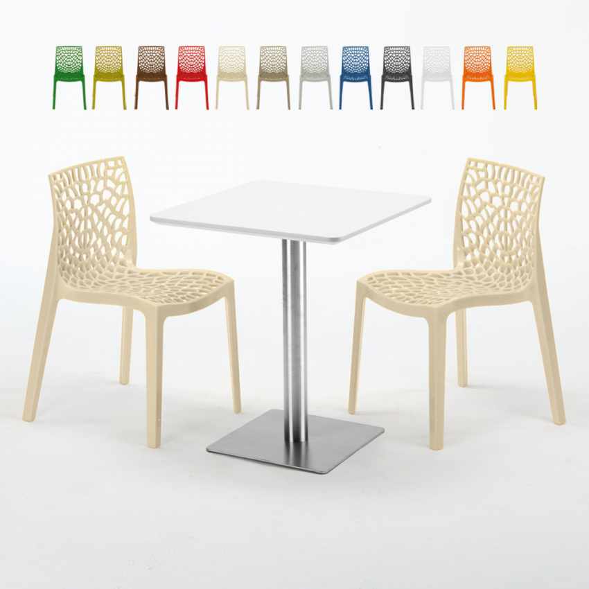 Biały kwadratowy stolik 60x60 cm z 2 kolorowymi krzesłami Gruvyer Hazelnut Sprzedaż