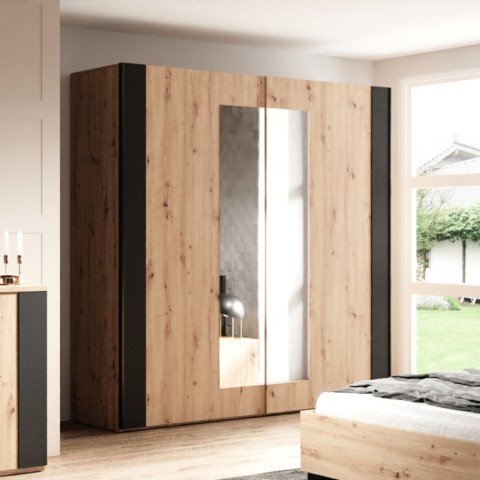 Szafa 2-drzwiowa z lustrem drzwiami przesuwnymi drewno dębowe w kolorze czarnym 200x64x213 Cadoc Promocja