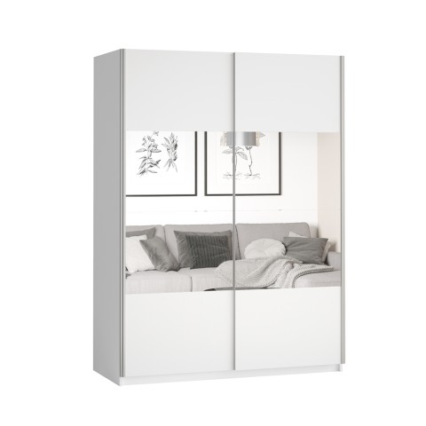 Szafa na ubrania biała 150x61x210 z drzwiami przesuwnymi i lustrem Olette Promocja
