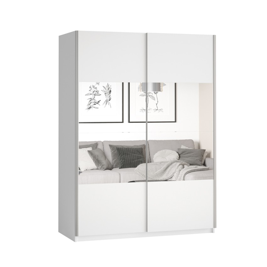 Szafa na ubrania biała 150x61x210 z drzwiami przesuwnymi i lustrem Olette Promocja Szafa na ubrania biała 150x61x210 z drzwiami przesuwnymi i lustrem Olette Promocja