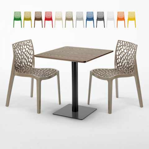 Kwadratowy stolik w kolorze drewna 70x70 cm z 2 kolorowymi krzesłami Gruvyer Melon Promocja