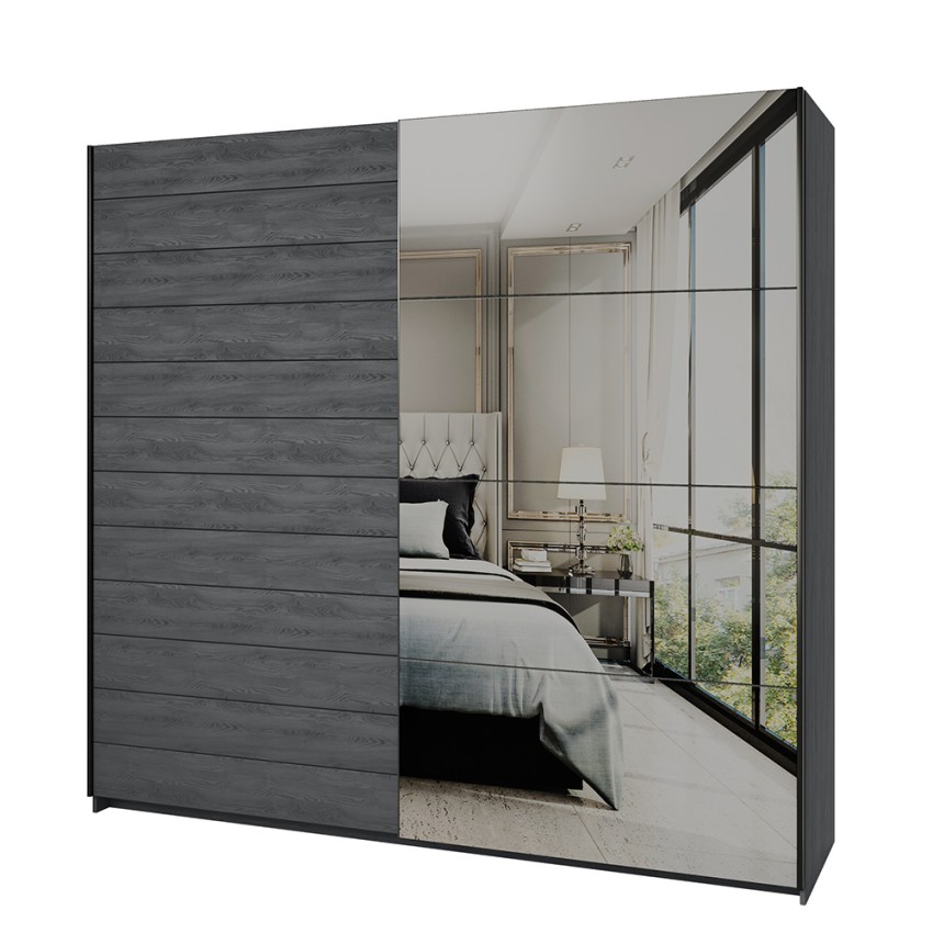 Szafa z lustrem i drzwiami przesuwnymi 220x61x210 w kolorze ciemnego dębu Wamin Promocja Szafa z lustrem i drzwiami przesuwnymi 220x61x210 w kolorze ciemnego dębu Wamin Promocja