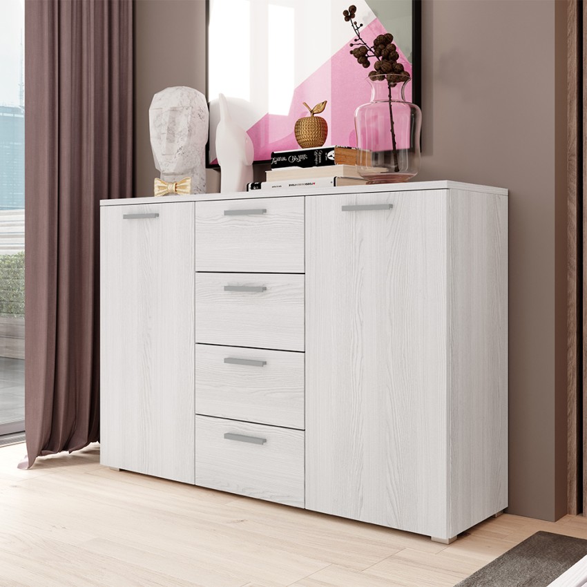 Komoda do sypialni lub salonu 4 szuflady 2 drzwi Biały drewno 132x38x93cm Lemere Promocja Komoda do sypialni lub salonu 4 szuflady 2 drzwi Biały drewno 132x38x93cm Lemere Promocja