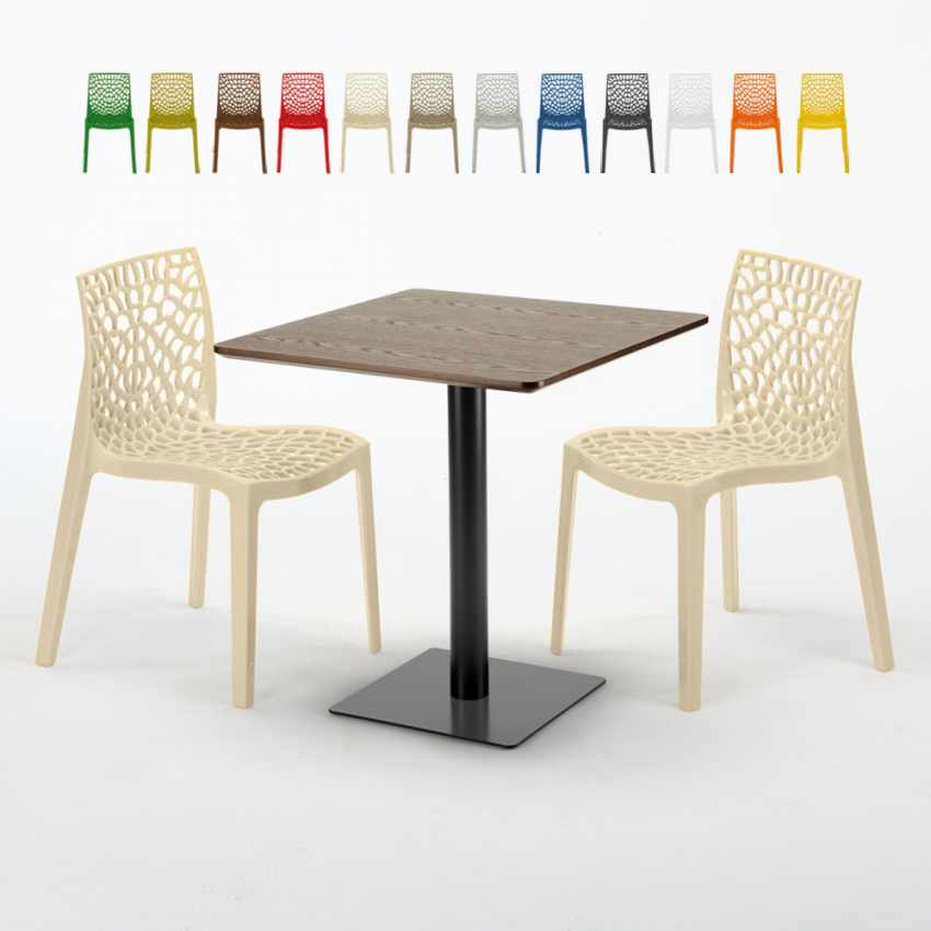 Kwadratowy stolik w kolorze drewna 70x70 cm z 2 kolorowymi krzesłami Gruvyer Melon Oferta