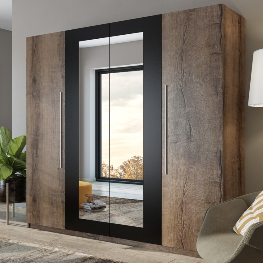Szafa 4-drzwiowa lustro drewno dębowe ciemne 228x57x214 Hutton Promocja Szafa 4-drzwiowa lustro drewno dębowe ciemne 228x57x214 Hutton Promocja