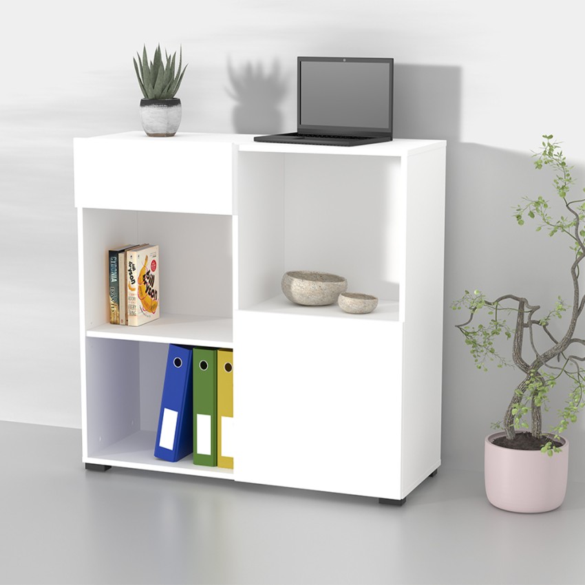 Biblioteczka biurowa niska z szufladą szafką 2 półki biała 90x35x89cm Habren Promocja Biblioteczka biurowa niska z szufladą szafką 2 półki biała 90x35x89cm Habren Promocja