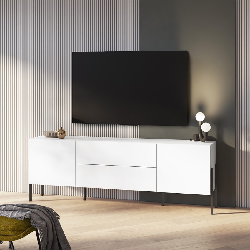Komoda TV na telewizor w stylu nowoczesnym do salonu biała 2 drzwi 2 szuflady Kaveh Promocja Komoda TV na telewizor w stylu nowoczesnym do salonu biała 2 drzwi 2 szuflady Kaveh Promocja