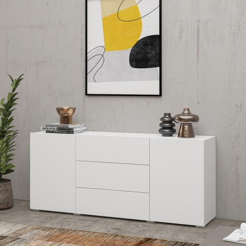 Komoda do salonu biała nowoczesna 3 szuflady 2 drzwi 140x35x63cm Mehdi Promocja