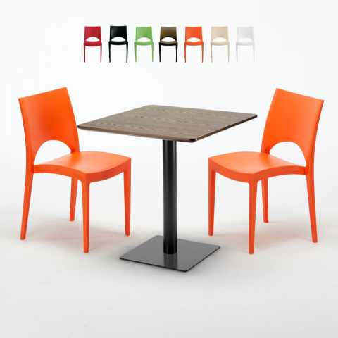 Kwadratowy stolik w kolorze drewna 70x70 cm z 2 kolorowymi krzesłami Paris Melon Promocja