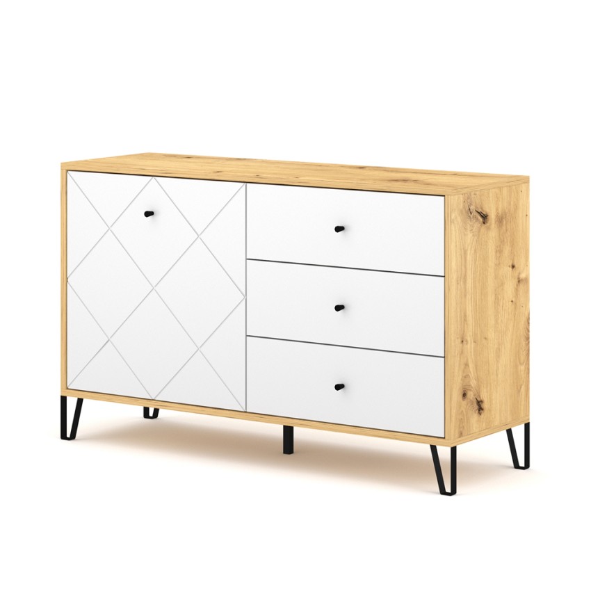 Kredens Kuchenny w Stylu Nowoczesnym 120cm Drewno Dębowe Drzwiczki 3 Szuflady Białe Gwen Promocja Kredens Kuchenny w Stylu Nowoczesnym 120cm Drewno Dębowe Drzwiczki 3 Szuflady Białe Gwen Promocja