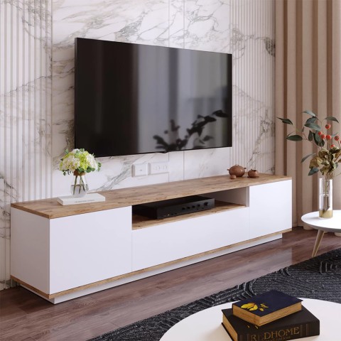 Szafka TV 180cm salon styl nowoczesny 3-drzwiowya białe drewno Nirrat. Promocja