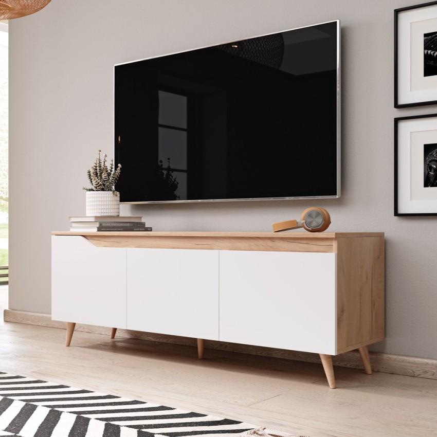 Komoda TV 140 cm w stylu skandynawskim z drewna 3-drzwiowa matowy biały Muriel Promocja Komoda TV 140 cm w stylu skandynawskim z drewna 3-drzwiowa matowy biały Muriel Promocja
