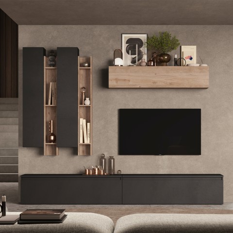 Nowoczesna meblościanka TV z drewnem i półkami Infinity 04 Promocja