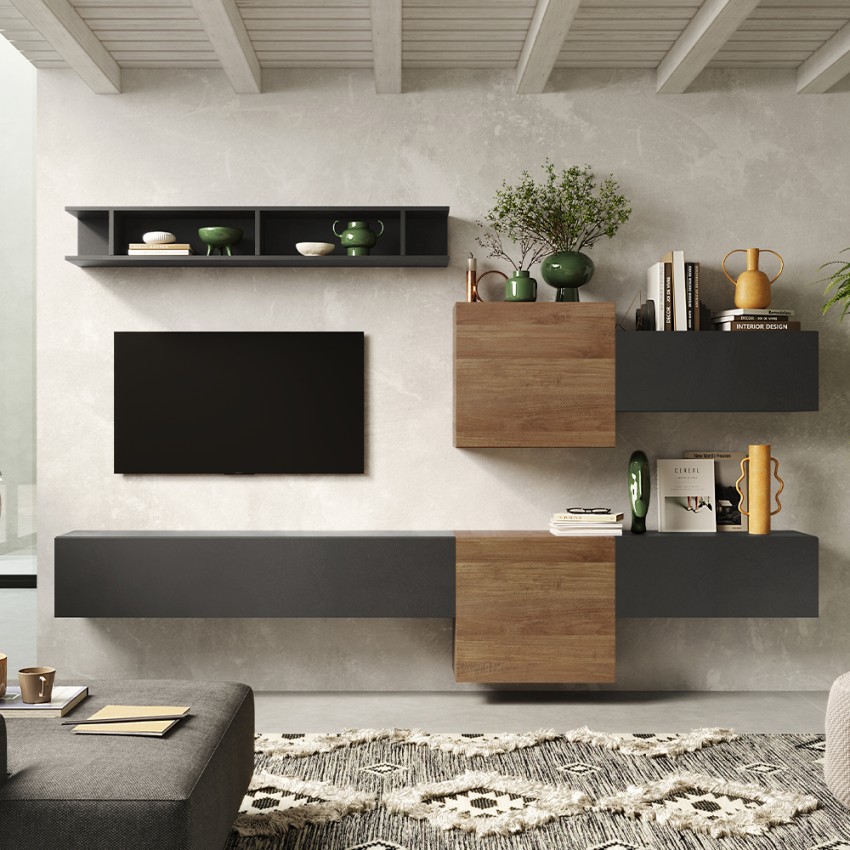 Nowoczesna biała i szara drewniana wisząca meblościanka TV Infinity 22 Promocja Nowoczesna biała i szara drewniana wisząca meblościanka TV Infinity 22 Promocja