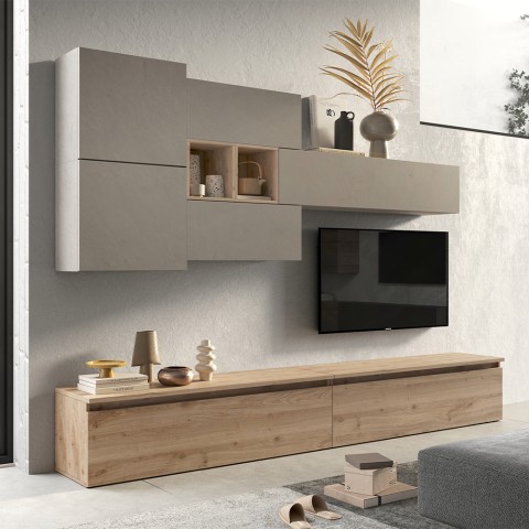 Nowoczesna ściana z szafką RTV wiszącą z drewna Infinity 24 Promocja