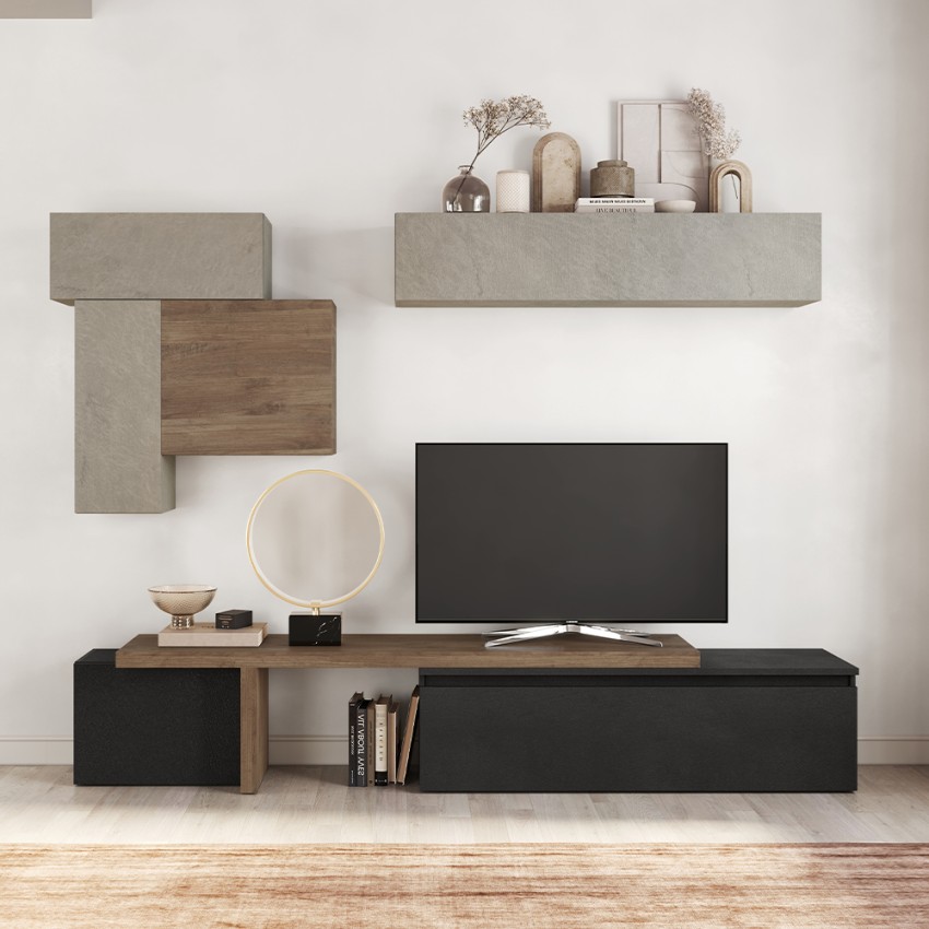 Nowoczesna ściana TV czarna drewno szare meble wiszące Infinity 34 Promocja Nowoczesna ściana TV czarna drewno szare meble wiszące Infinity 34 Promocja