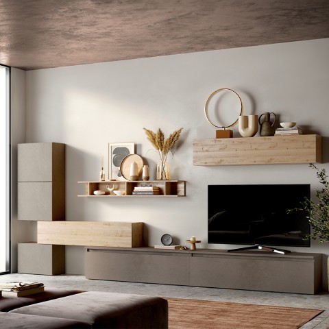 Nowoczesna meblościanka do salonu z drewnianymi elementami wiszącymi Infinity 37 Promocja