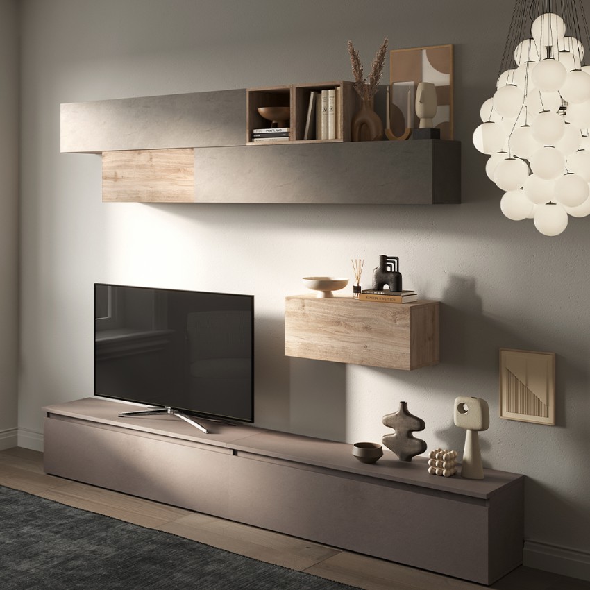 Nowoczesna ściana meblowa z wiszącymi szafkami, stojakiem na TV z drewna Infinity 42 Promocja Nowoczesna ściana meblowa z wiszącymi szafkami, stojakiem na TV z drewna Infinity 42 Promocja