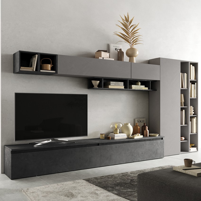Szafka RTV z nowoczesną szarą biblioteką meble wiszące Infinity 43 Promocja Szafka RTV z nowoczesną szarą biblioteką meble wiszące Infinity 43 Promocja