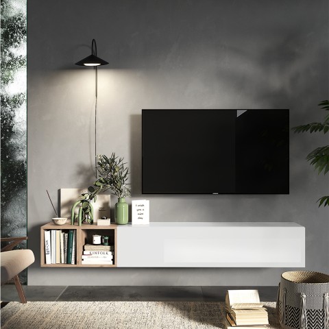 Minimalistyczna nowoczesna półka TV Infinity 49 z drewnianymi półkami Promocja