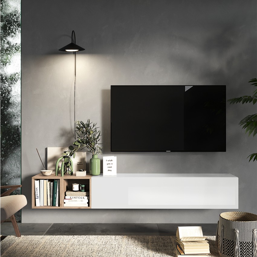Minimalistyczna nowoczesna półka TV Infinity 49 z drewnianymi półkami Promocja Minimalistyczna nowoczesna półka TV Infinity 49 z drewnianymi półkami Promocja