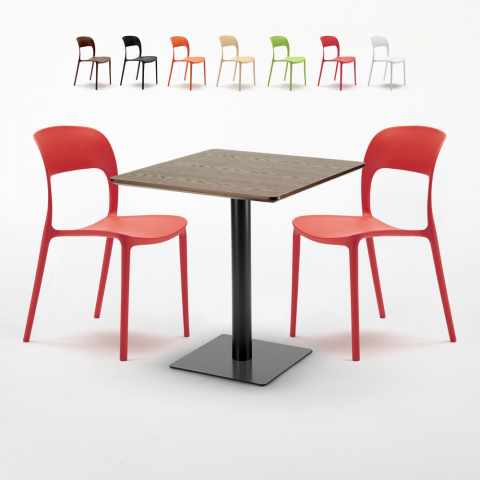 Kwadratowy stolik w kolorze drewna 70x70 cm z 2 kolorowymi krzesłami Restaurant Melon Promocja