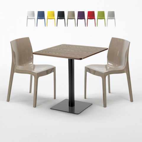 Kwadratowy stolik w kolorze drewna 70x70 cm z 2 kolorowymi krzesłami Ice Melon Promocja