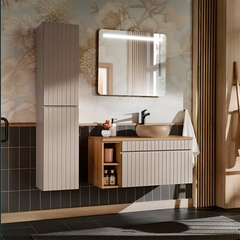 Szafka łazienkowa wisząca umywalka stojąca, beżowa lustro szafka Coast 100 SNA Promocja
