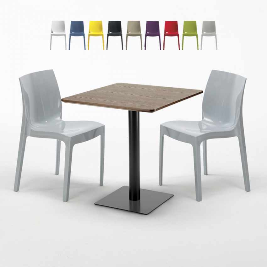 Kwadratowy stolik w kolorze drewna 70x70 cm z 2 kolorowymi krzesłami Ice Melon Rabaty