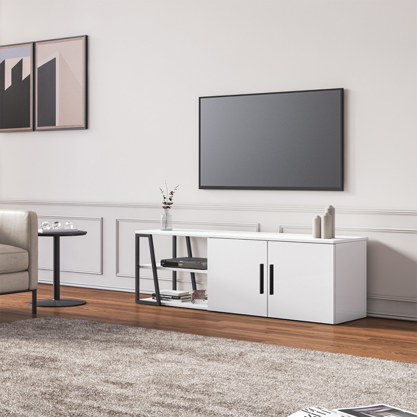 Komoda TV 150 cm nowoczesna do salonu biały połysk czarny 2-drzwiowa Hyeres Promocja Komoda TV 150 cm nowoczesna do salonu biały połysk czarny 2-drzwiowa Hyeres Promocja