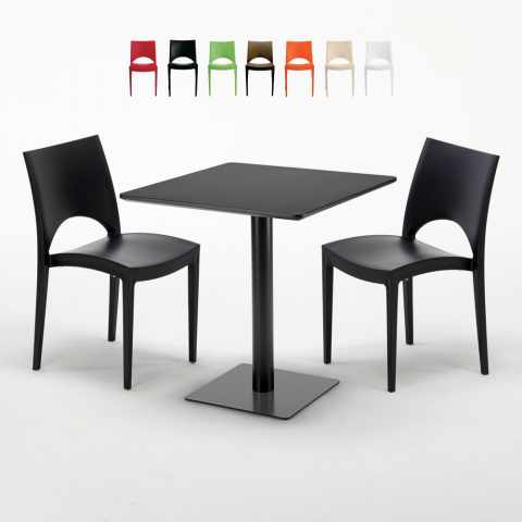 Czarny kwadratowy stolik 70x70 cm z 2 kolorowymi krzesłami Paris Kiwi