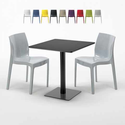 Czarny kwadratowy stolik kawowy 70x70 cm z 2 kolorowymi krzesłami Ice Kiwi
