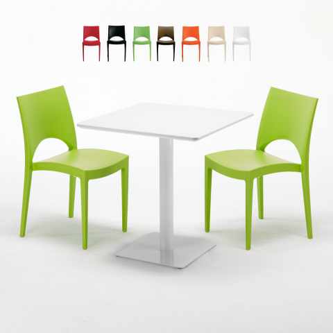 Biały kwadratowy stolik 70x70 cm z 2 kolorowymi krzesłami Paris Meringue