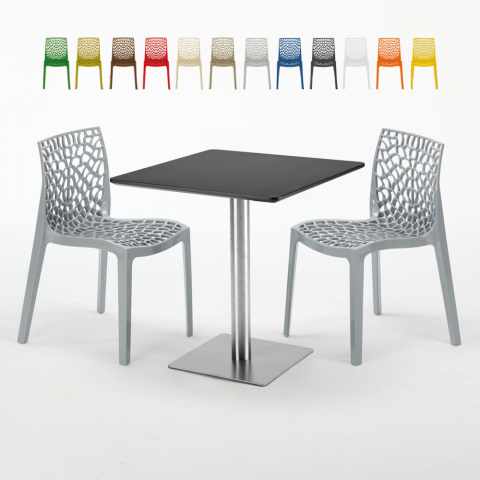 Czarny kwadratowy stolik 70x70 cm z 2 kolorowymi krzesłami Gruvyer Rum Raisin