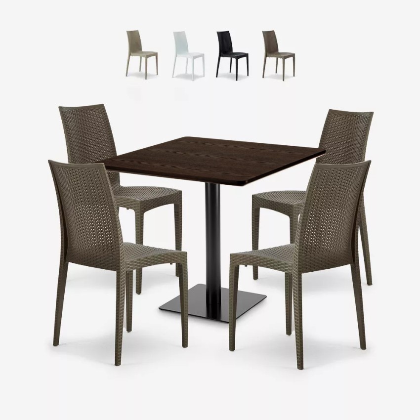 Zestaw stolik kawowy drewno 90x90cm Horeca 4 krzesła z polirattanu Barrett Promocja Zestaw stolik kawowy drewno 90x90cm Horeca 4 krzesła z polirattanu Barrett Promocja