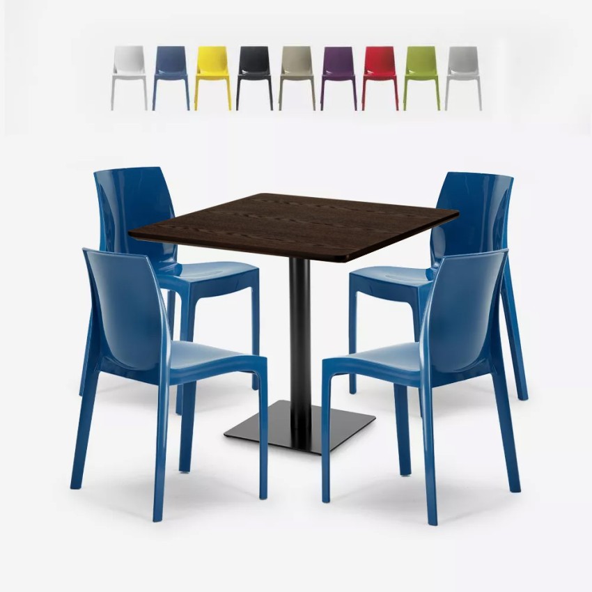 Zestaw stolik kawowy drewno metal Horeca 90x90cm 4 krzesła Yanez Promocja Zestaw stolik kawowy drewno metal Horeca 90x90cm 4 krzesła Yanez Promocja