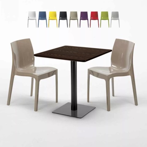 Kwadratowy stolik w kolorze drewna 70x70 cm z 2 kolorowymi krzesłami Ice Melon Promocja