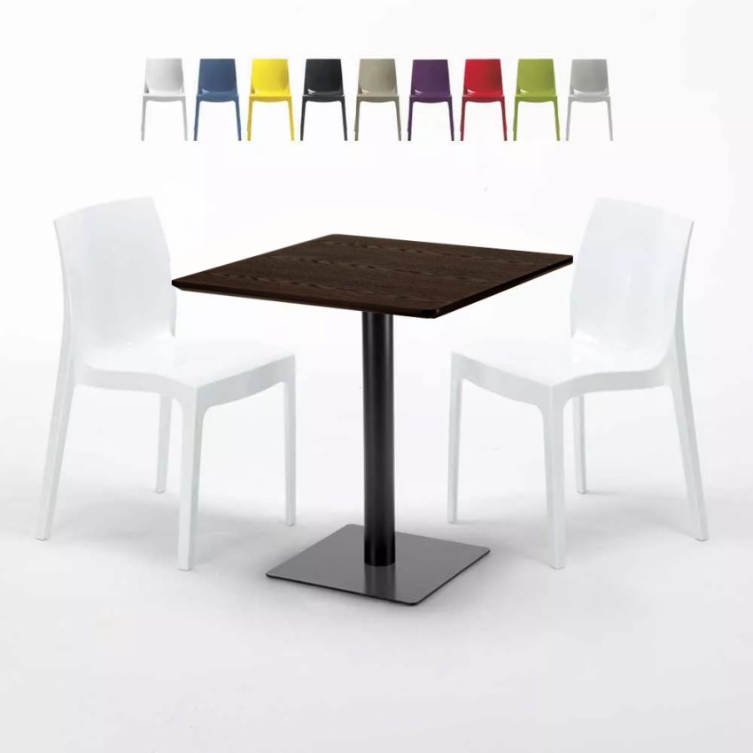 Czarny kwadratowy stół 60x60 cm blat w kolorze drewna z czarną podstawą z 2 kolorowymi krzesłami Ice Kiss Stan Magazynowy Czarny kwadratowy stół 60x60 cm blat w kolorze drewna z czarną podstawą z 2 kolorowymi krzesłami Ice Kiss Stan Magazynowy