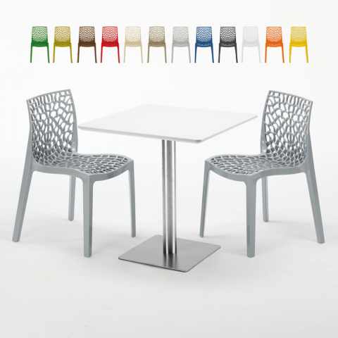 Biały kwadratowy stolik 70x70 cm ze stalową podstwą i 2 kolorowymi krzesłami Ice Strawberry