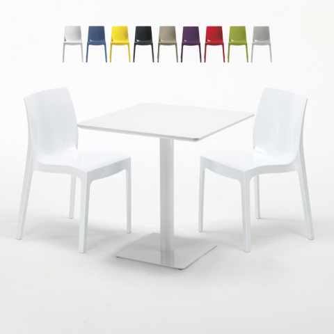 Biały kwadratowy stolik 70x70 cm z 2 kolorowymi krzesłami Ice Meringue