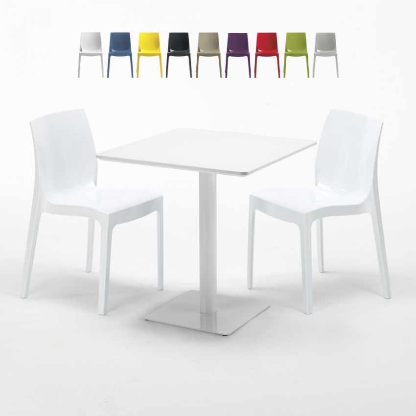 Biały kwadratowy stolik 70x70 cm z 2 kolorowymi krzesłami Ice Meringue Promocja