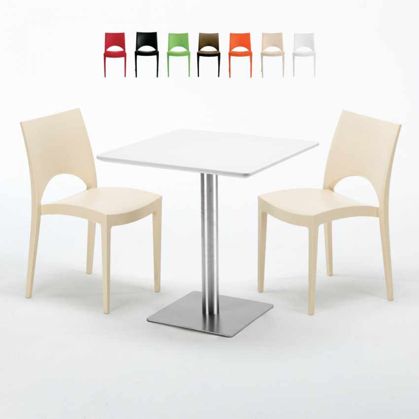 Biały kwadratowy stolik kawowy 70x70 cm ze stalową podstawą i 2 kolorowymi krzesłami Paris Strawberry Sprzedaż