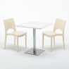 Biały kwadratowy stolik kawowy 70x70 cm ze stalową podstawą i 2 kolorowymi krzesłami Paris Strawberry Cechy