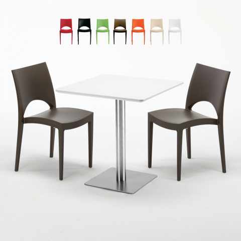 Biały kwadratowy stolik kawowy 70x70 cm ze stalową podstawą i 2 kolorowymi krzesłami Paris Strawberry