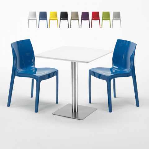 Biały kwadratowy stolik 70x70 cm ze stalową podstawą i 2 kolorowymi krzesłami Ice Strawberry