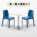 Biały kwadratowy stolik 70x70 cm ze stalową podstawą i 2 kolorowymi krzesłami Ice Strawberry Promocja