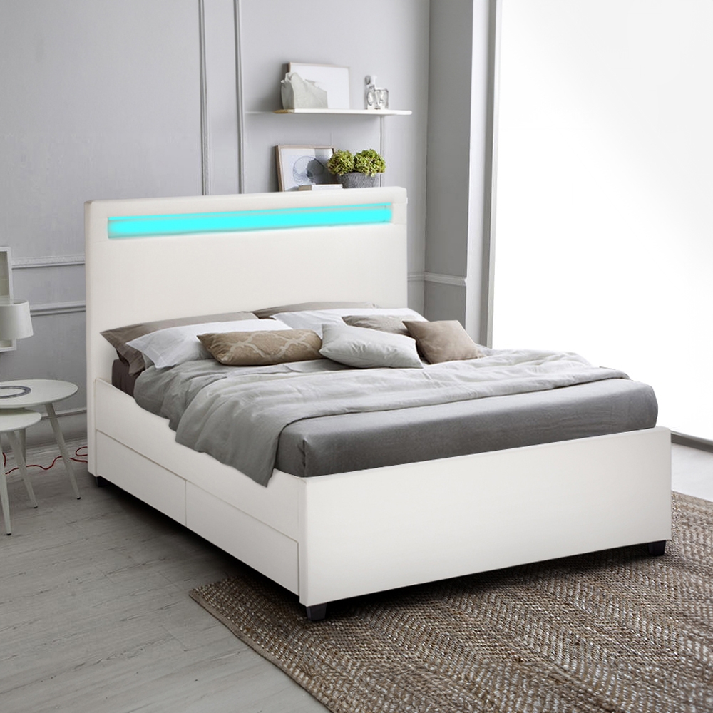 Dwusobowe łóżko ze schowkami i światłami LED 120x190 cm Geneva Promocja Dwusobowe łóżko ze schowkami i światłami LED 120x190 cm Geneva Promocja